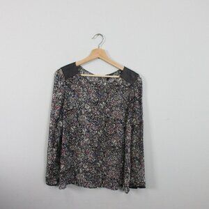 Club Monaco 100% Silk Floral Blouse Women S Black Genuine Leather Shoulder